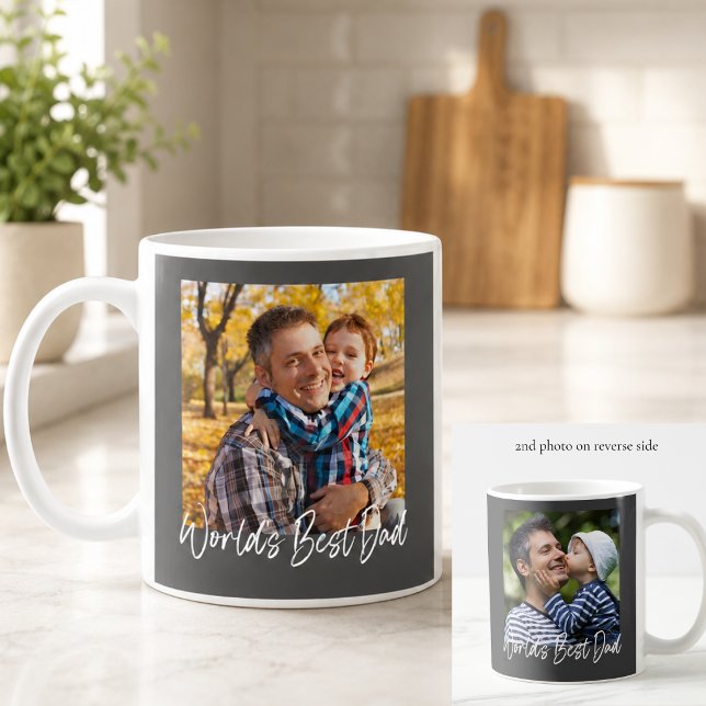 World's Best Dad 2 Photo Custom Coffee Mug (elegant black script world's best dad photo mug with 2 custom photos fathers day gift)