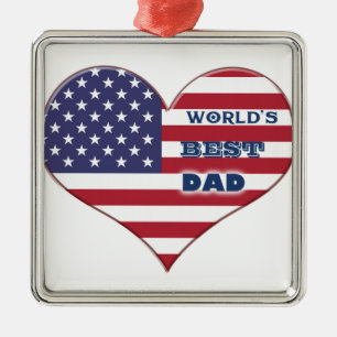 World's Best Dad American Flag Heart Metal Ornament