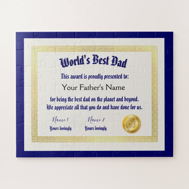 World's best dad award certificate funny jigsaw puzzle (Horizontal)