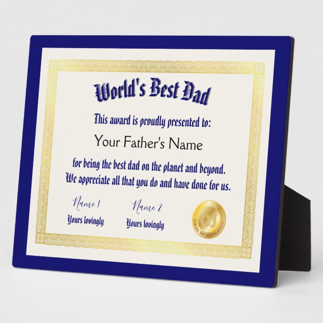 World's best dad award certificate funny  plaque (Side)