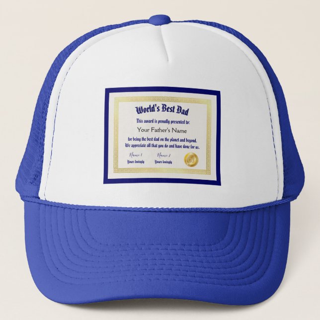 World's best dad award certificate funny trucker hat (Front)
