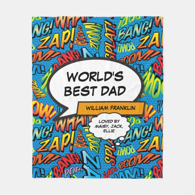 World's Best Dad Cool Fun Comic Book Typographic Fleece Blanket (Front)