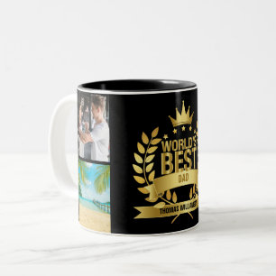 World's Best Dad, Father 4Photo Collage Black Gold Two-Tone Coffee Mug