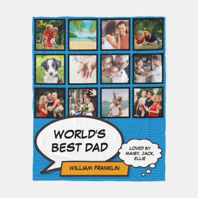 World's Best Dad, Papa, Father 12 Photo Comic Blue Fleece Blanket (Front)
