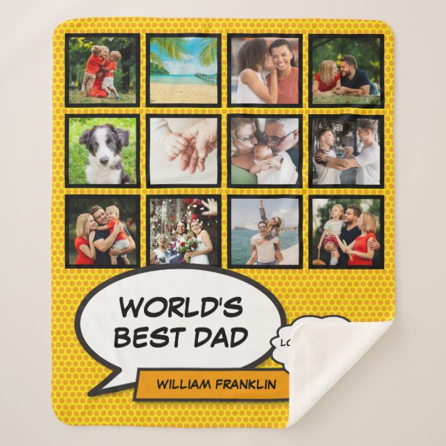 Worlds Best Dad Photo Collage Fun Cool Comic Sherpa Blanket (Front)