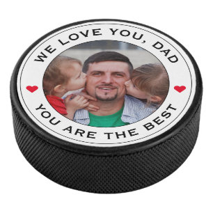Worlds Best Dad Photo Heart Red White Black Text Hockey Puck