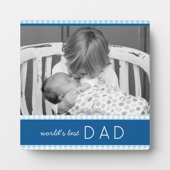 World's Best Dad Plaid Blue Personalized Photo Plaque (Front)