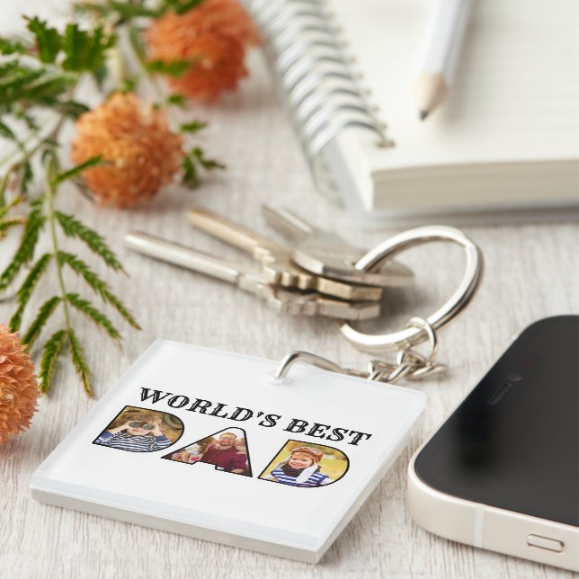 Worlds Best Dad Quote  Modern 3 Photo Collage Keychain (Front Right)