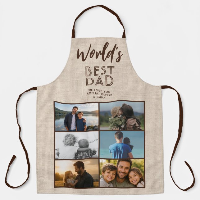 World's Best Dad Rustic Linen 6 Photo Collage Apron (Front)