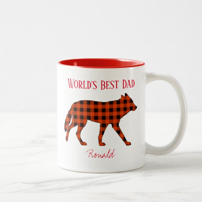 Worlds Best Dad Wolf Buffalo Plaid Two-Tone Coffee Mug (Right)