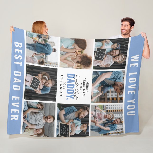 'Worlds Best Daddy' Photo Collage Merry Christmas Fleece Blanket (In Situ)