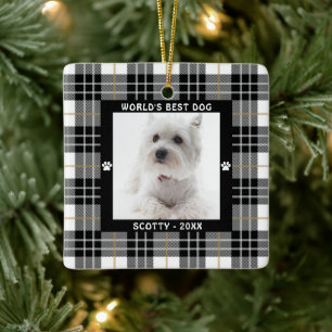WORLD'S BEST DOG Black White Tan Plaid Ceramic Ornament