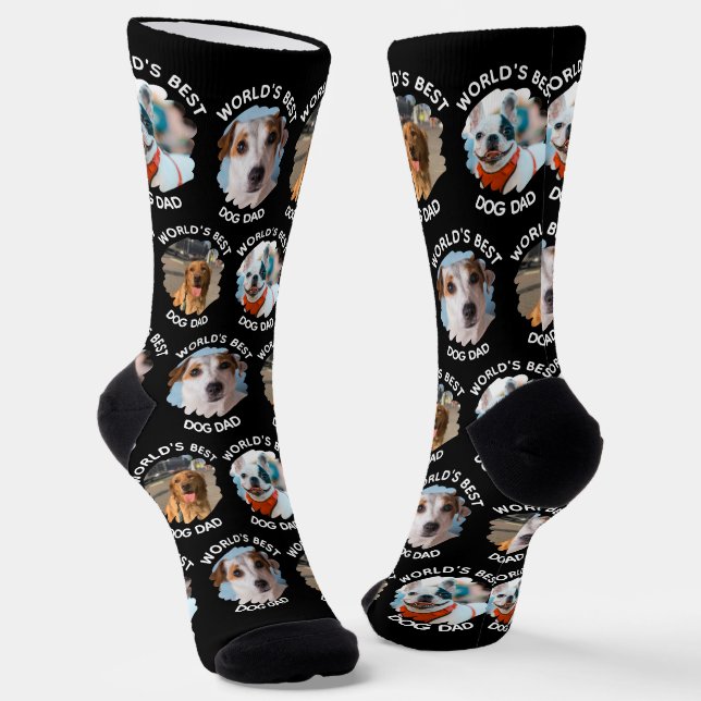 World's Best Dog Dad – Custom 3 Dog Photos Black Socks (Angled)