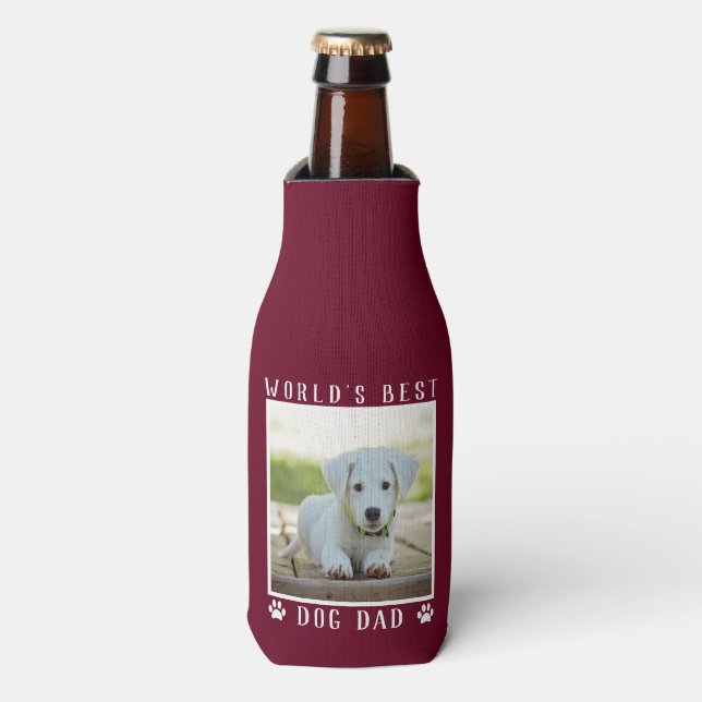World's Best Dog Dad Paw Prints Pet Photo Burgundy Bottle Cooler (Bottle Front)