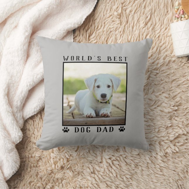 World's Best Dog Dad Paw Prints Pet Photo Grey Throw Pillow (Blanket)