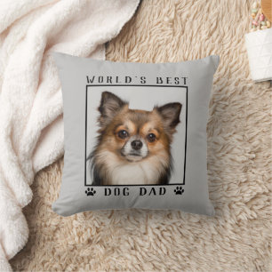 World's Best Dog Dad Paw Prints Pet Photo on Grey Throw Pillow