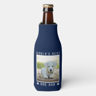 World's Best Dog Dad Paw Prints Pet Photo on Navy Bottle Cooler