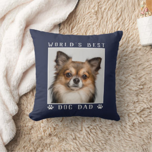 World's Best Dog Dad Paw Prints Pet Photo on Navy Throw Pillow