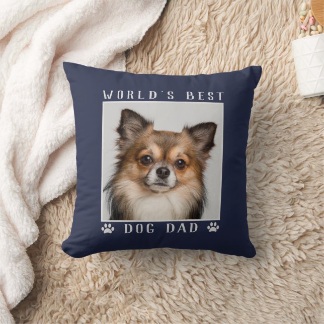 World's Best Dog Dad Paw Prints Pet Photo on Navy Throw Pillow (Blanket)