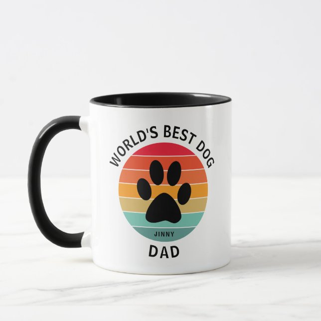  World's Best Dog Dad Pawprint Retro Sunset Custom Mug (Left)