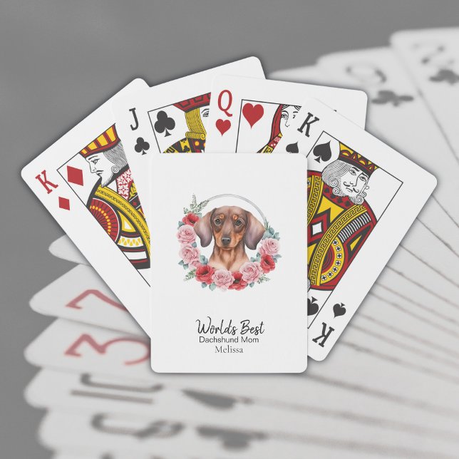 World's Best Dog Mom Dachshund Florals Custom Text Playing Cards (Customize with Name & Text)