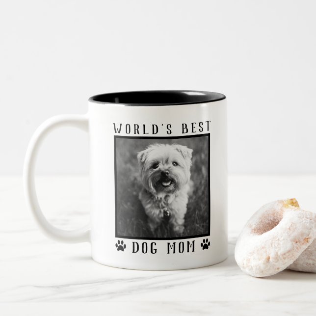 World's Best Dog Mom Paw Prints Black White Photo Two-Tone Coffee Mug (With Donut)