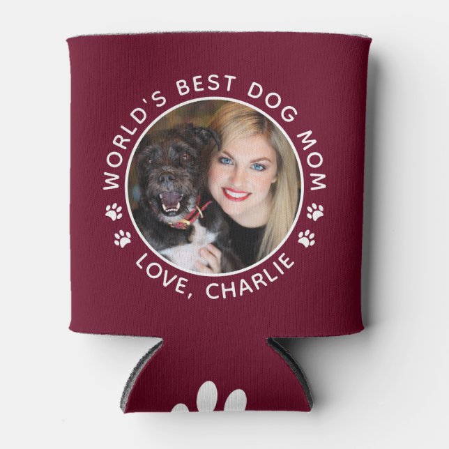 World's Best Dog Mom Paw Prints Custom Pet Photo Can Cooler (Front)