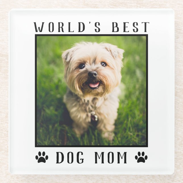 World's Best Dog Mom Paw Prints Pet Photo Frame Glass Coaster (Front)