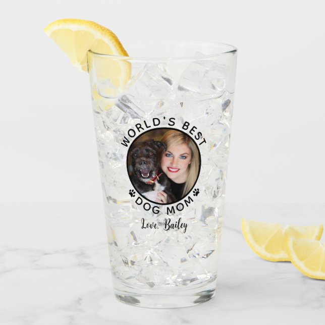 World's Best Dog Mom Paw Prints Pet Photo Name Glass (Front Ice)