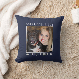 World's Best Dog Mom Paw Prints Pet Photo Navy Throw Pillow