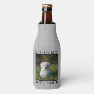 World's Best Dog Mom Paw Prints Pet Photo Rustic Bottle Cooler