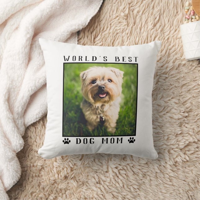 World's Best Dog Mom Paw Prints Pet Photo Throw Pillow (Blanket)