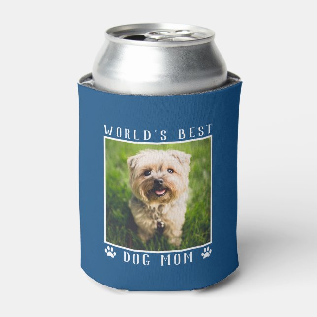 World's Best Dog Mom Paw Prints Photo on Blue Can Cooler (Can Front)