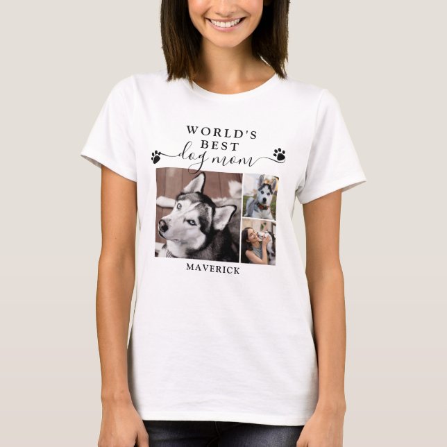 Worlds Best Dog Mom Paw Prints Script 3 Photo T-Shirt (Front)