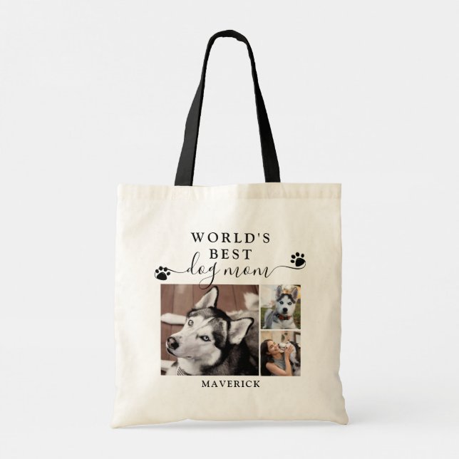 Worlds Best Dog Mom Paw Prints Script 3 Photo Tote Bag (Back)