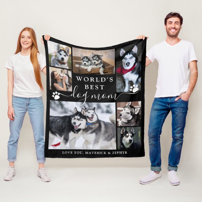 Worlds Best Dog Mom Paw Prints Script 7 Photo Fleece Blanket (In Situ)