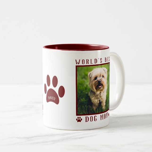 World's Best Dog Mom Photo Name Paw Prints Maroon Two-Tone Coffee Mug (Front Right)