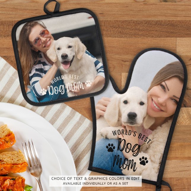 Worlds Best Dog Mom Photo Pawprints Oven Mitt & Pot Holder Set (Creator Uploaded)