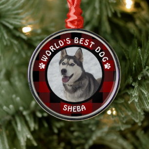 WORLDS BEST DOG Red Buffalo Check Personalized Metal Ornament