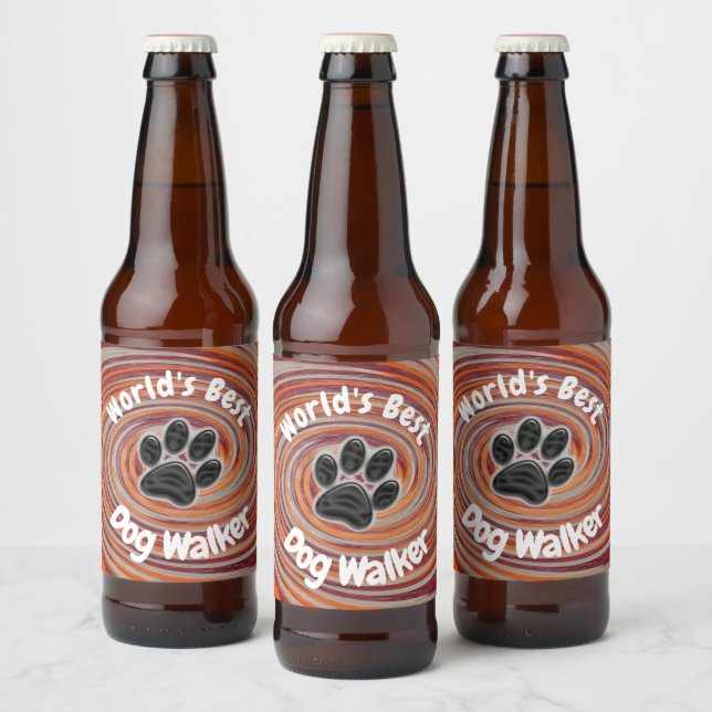 Worlds Best Dog Walker Groovy Paw Print Puppy Pet Beer Bottle Label (Bottles)