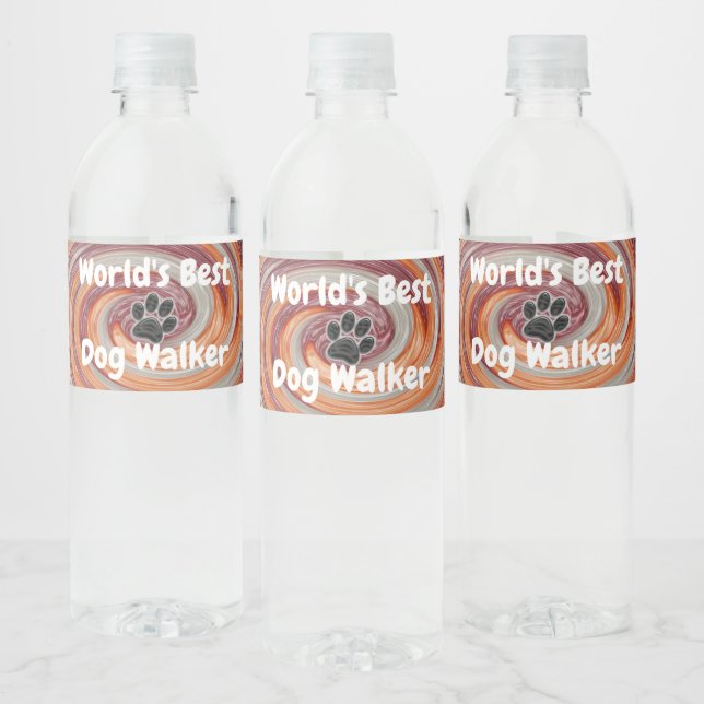 Worlds Best Dog Walker Groovy Paw Print Puppy Pet Water Bottle Label (Bottles)