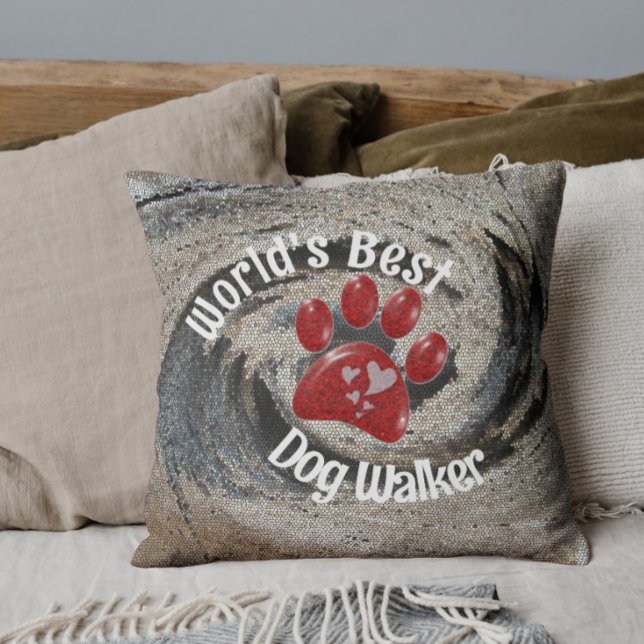 Worlds Best Dog Walker Mosaic Swirl Paw Print Throw Pillow (Creator Uploaded)