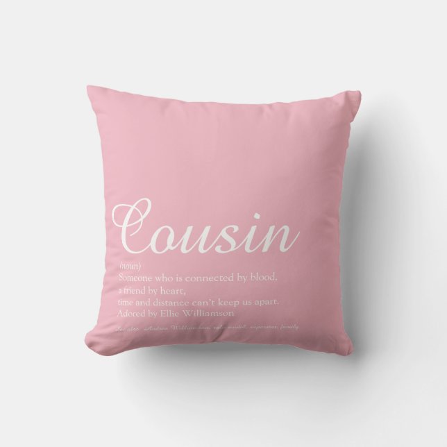 World's Best Ever Cousin Definition Script Pink Throw Pillow (Front)