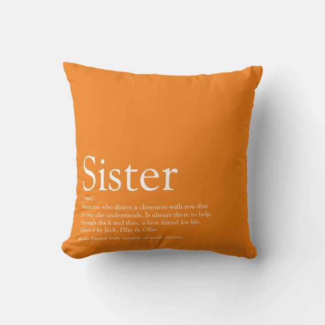 World's Best Ever Sister Definition Fun Orange Throw Pillow (Front)