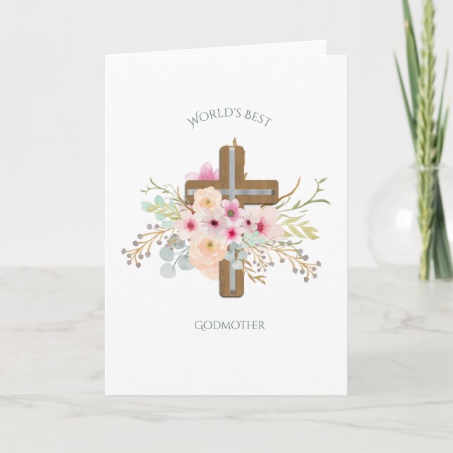 World's Best GODMOTHER Gift - Floral Cross Thank You Card (Front)