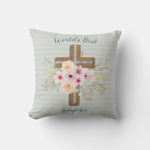 World's Best GODMOTHER Gift - Floral Cross Throw Pillow