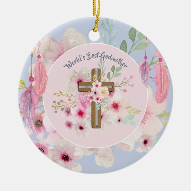 World's Best GODMOTHER POEM - Floral Cross Ceramic Ornament (Front)
