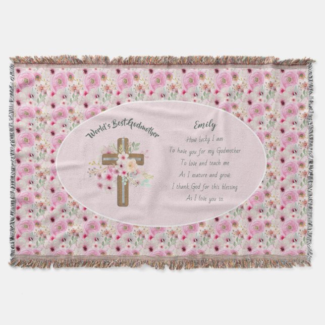World's Best GODMOTHER POEM - Floral Cross Throw Blanket (Front)
