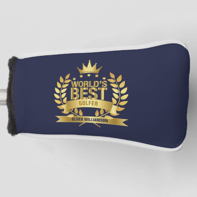 World's Best Golfer Navy Blue And Gold 5 Star Golf Head Cover (Front)