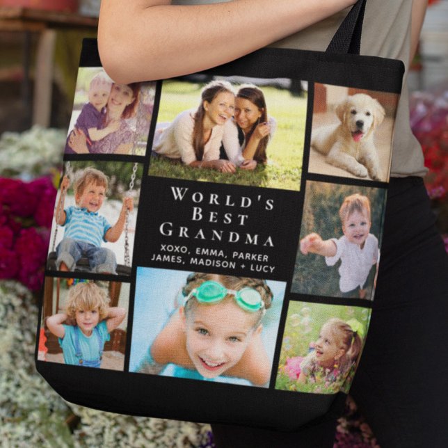 World's Best Grandma 8 Photo Collage Black Tote Bag (Creator Uploaded)